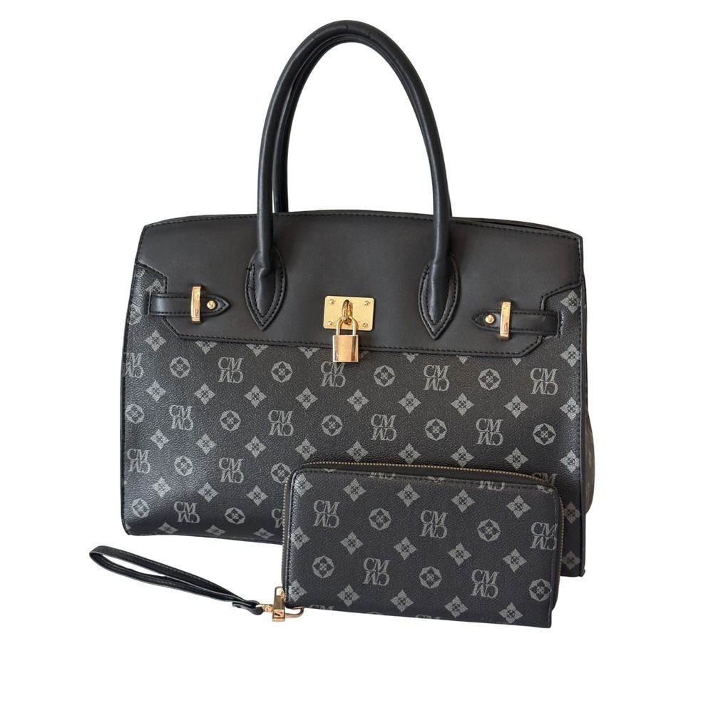 CM Monogram Satchel Handbag and Matching Wristlet Wallet Set Black Grey Gold